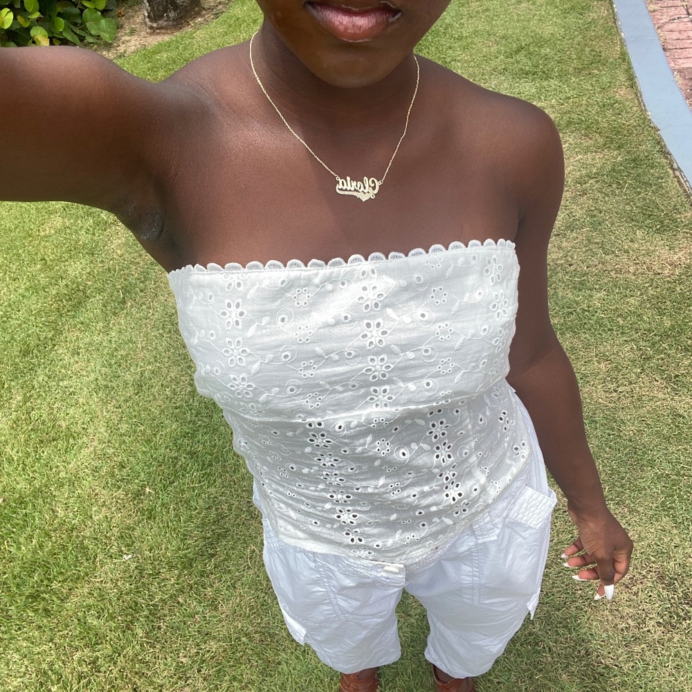 white strapless eyelet top